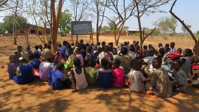 Standard 3 students learning under a tree